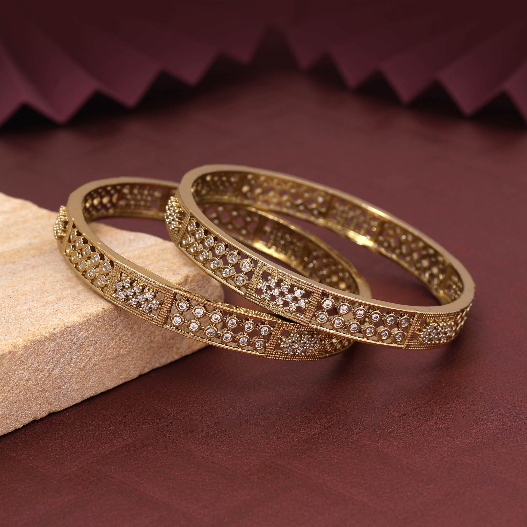 Gold Color Designer American Diamond Bangle Size: 2.6 For Elegant Traditional Outfits