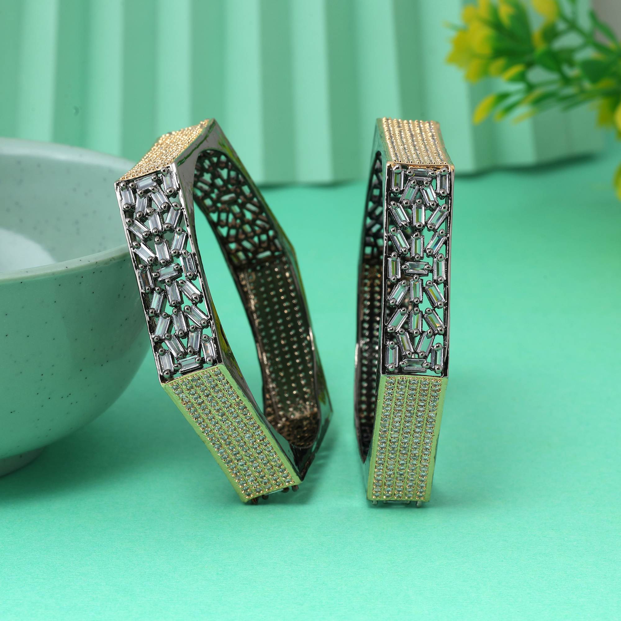 Gold & Silver Color Unique Dual Tone American Diamond Bangle Size: 2.6 For Fashion Lovers