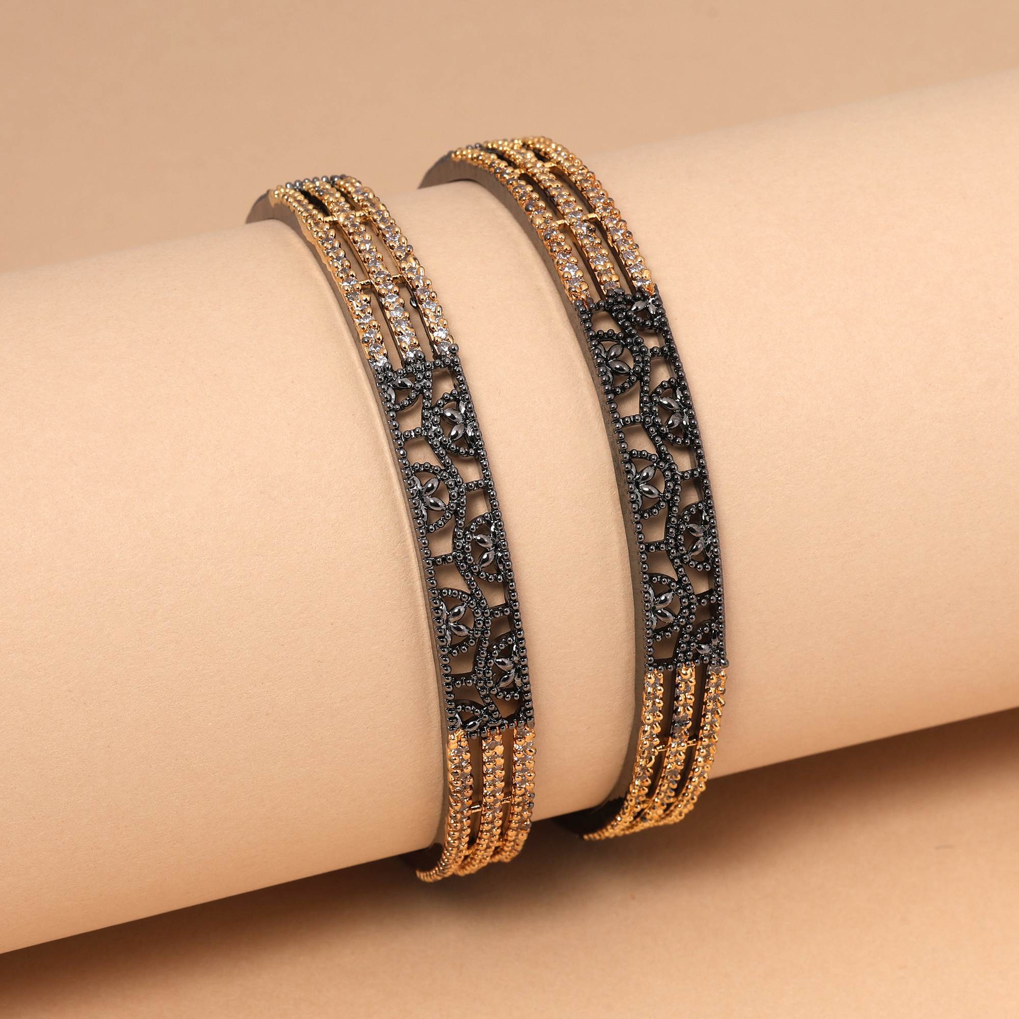Black & Gold Color Elegant Dual Tone American Diamond Bangle Size: 2.6 For Traditional Wear