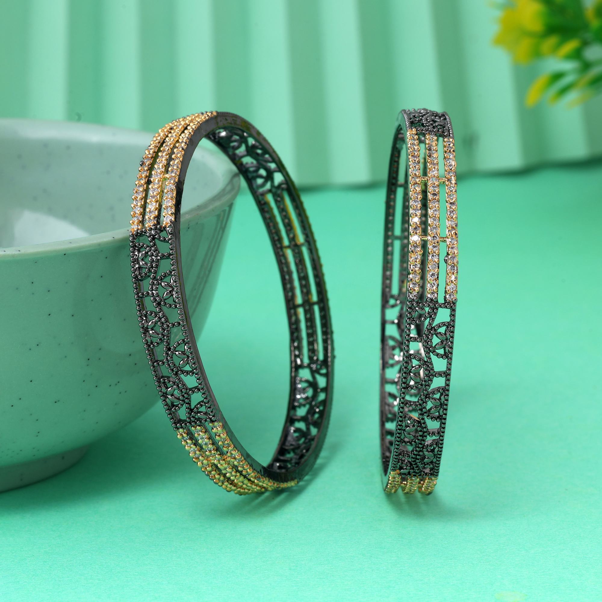 Black & Gold Color Elegant Dual Tone American Diamond Bangle Size: 2.6 For Traditional Wear