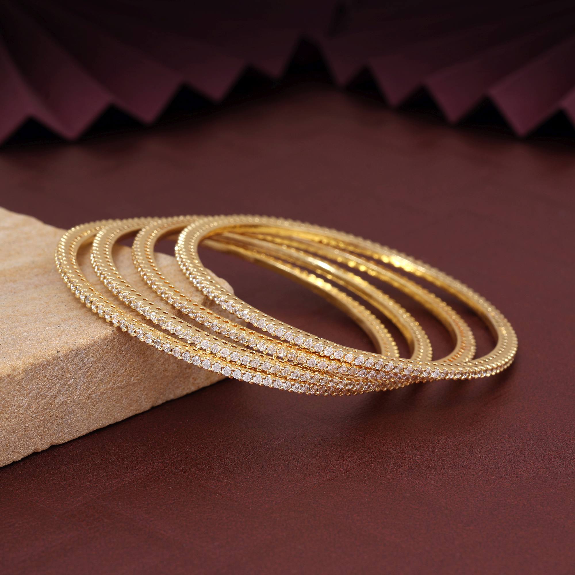 Gold Color Royal Style American Diamond Bangle Size: 2.6 For Wedding And Cultural Wear