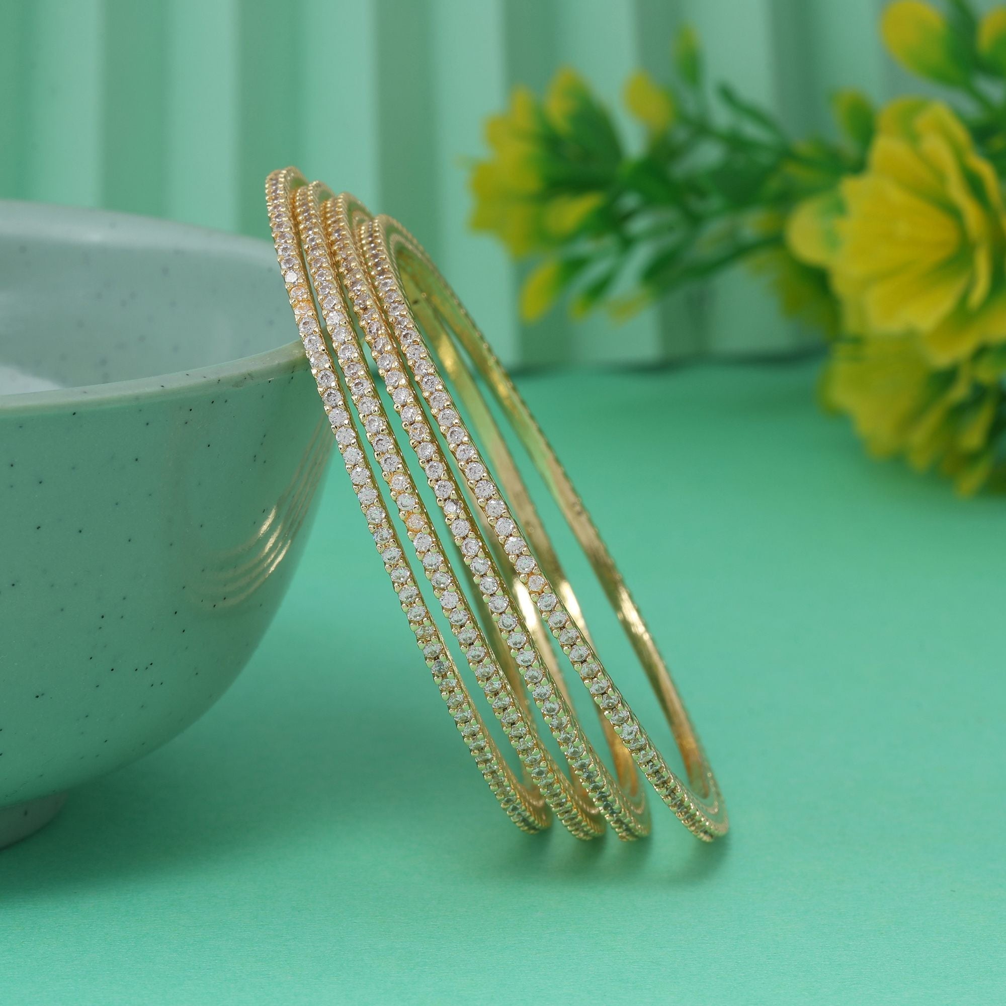 Gold Color Royal Style American Diamond Bangle Size: 2.6 For Wedding And Cultural Wear