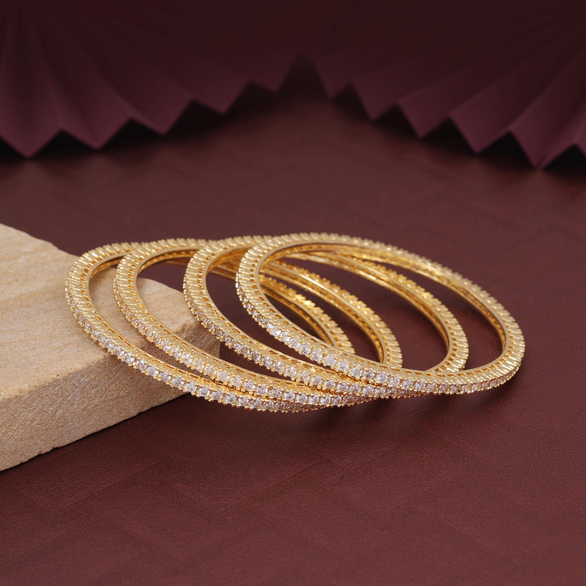 Gold Color Elegant Designer American Diamond Bangle Set Size: 2.6 For Wedding Functions