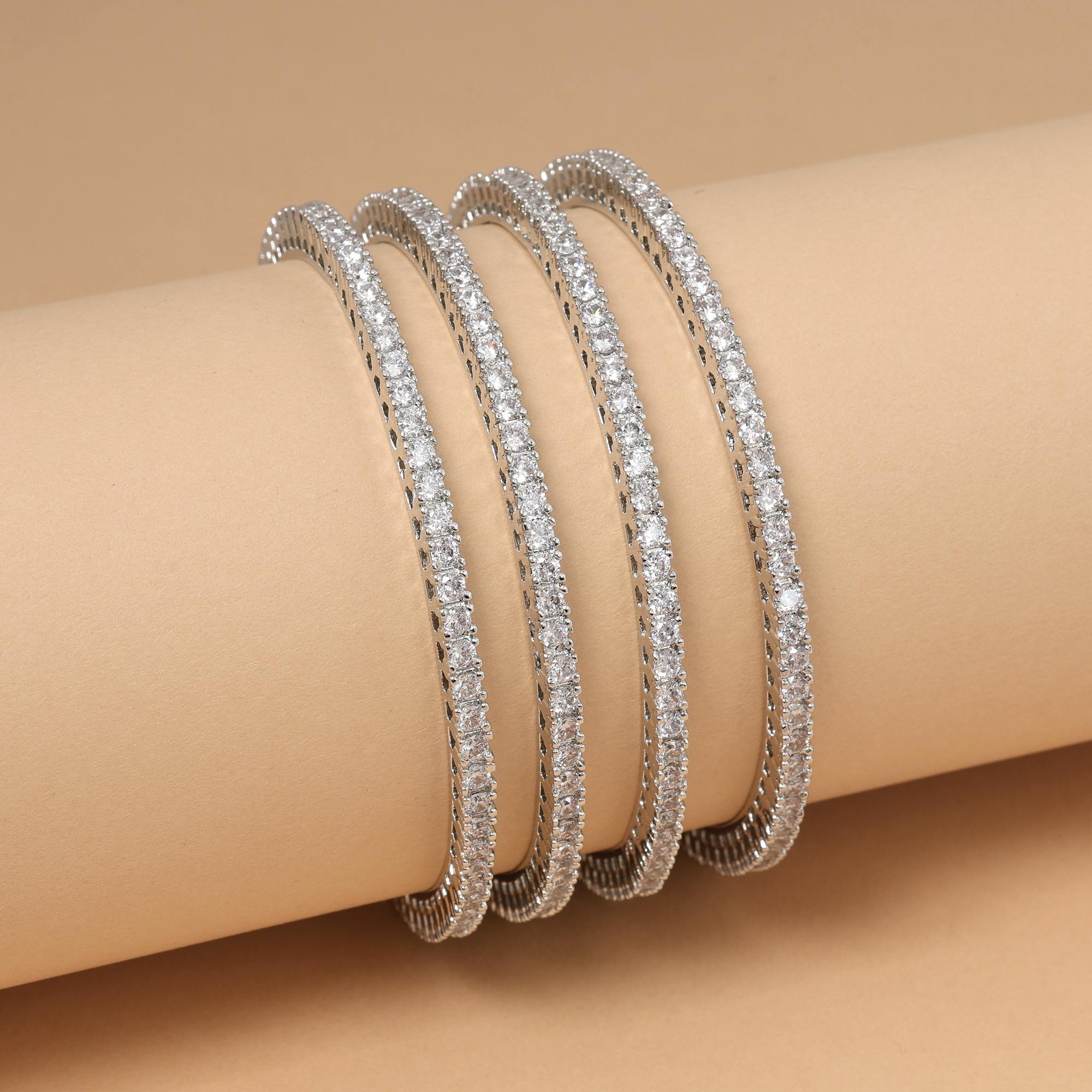Silver Color Exclusive American Diamond Bangle Set Size: 2.6 For Wedding And Party Wear