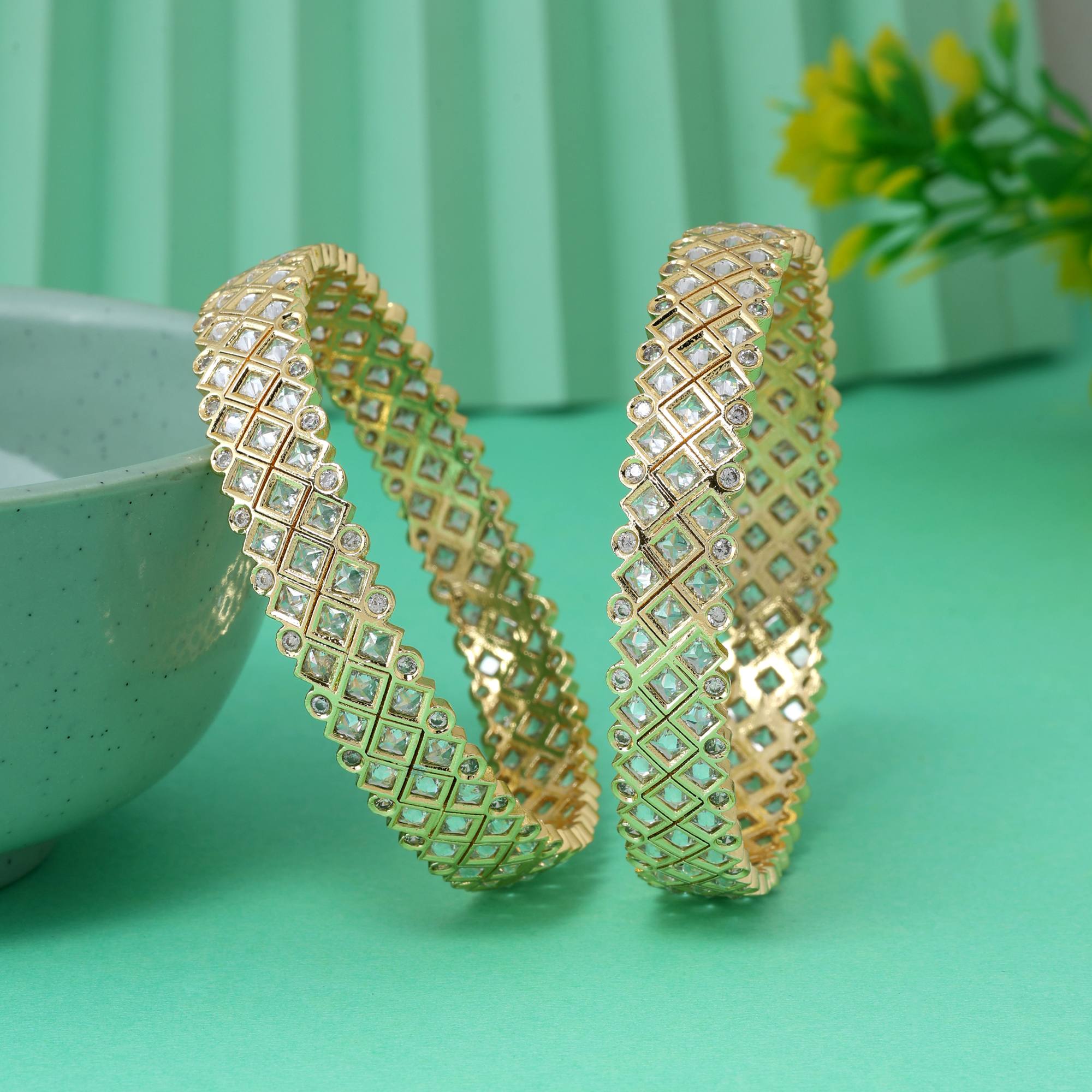 Gold Color Royal Finish American Diamond Bangle Size: 2.6 For Bridal And Party Wear