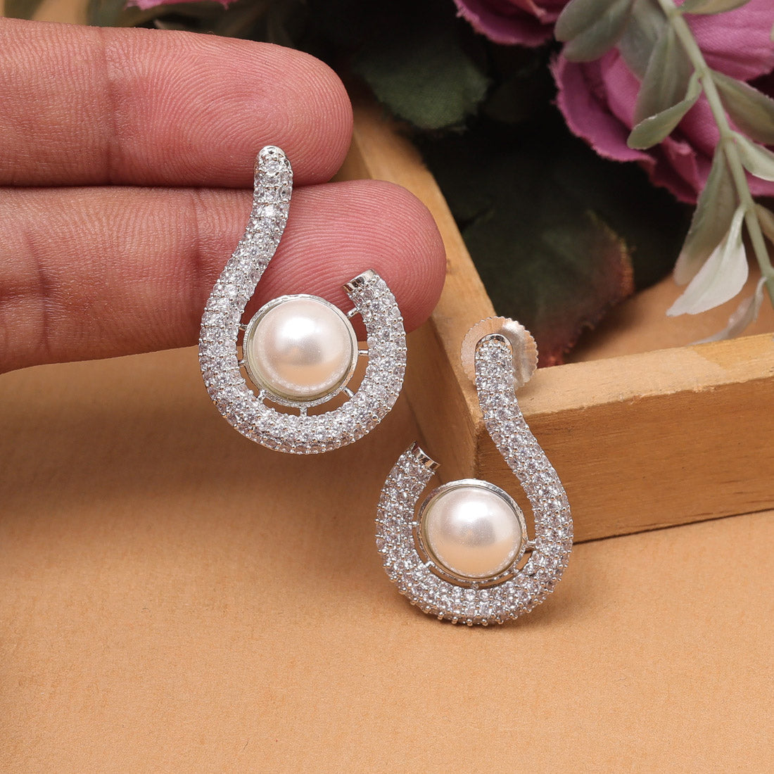 Silver Color American Diamond Earrings With Shimmering Royal Style Finish