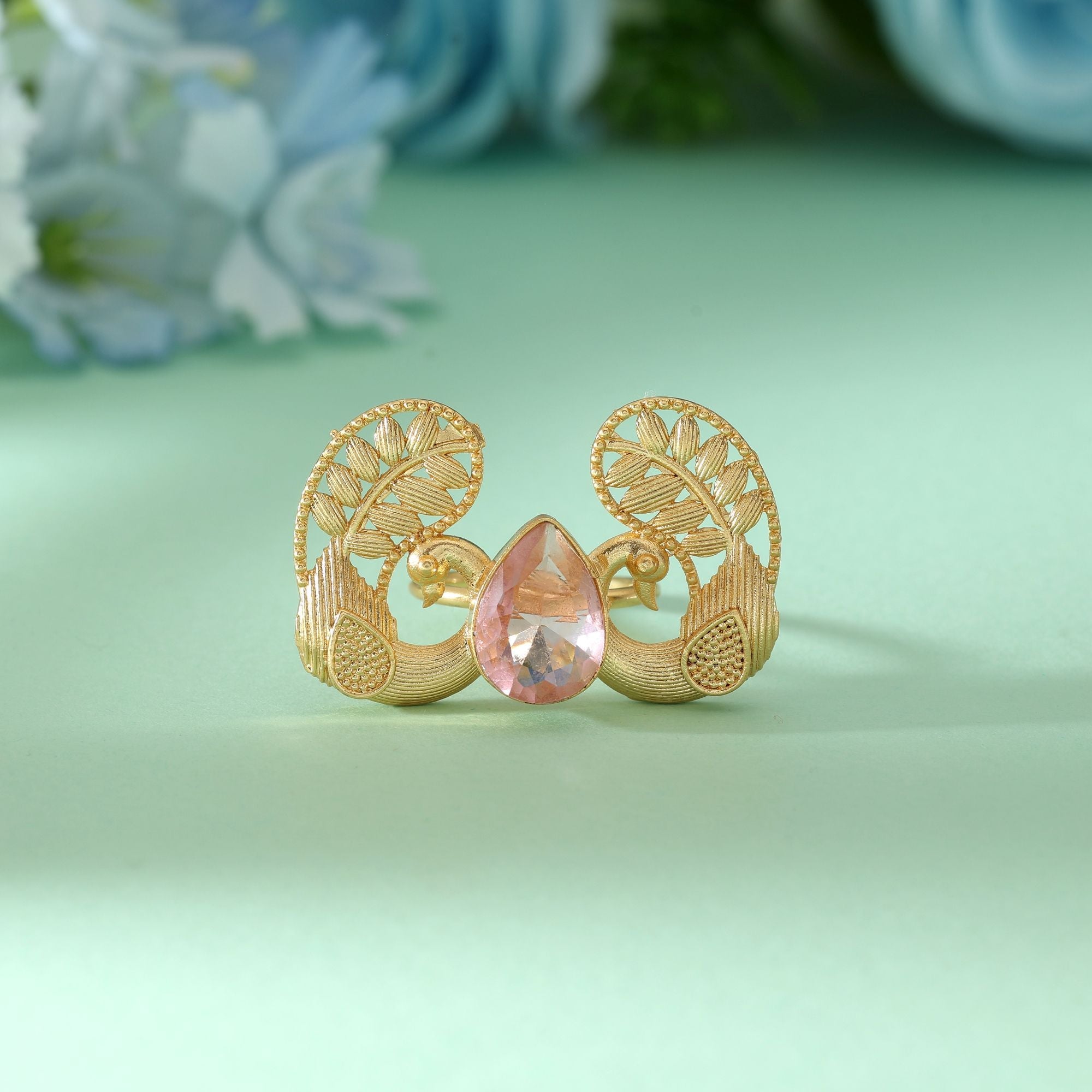 Pink Color Peacock Inspired Amrapali Rings Made For Vibrant Festive Styling With Elegant Artistry