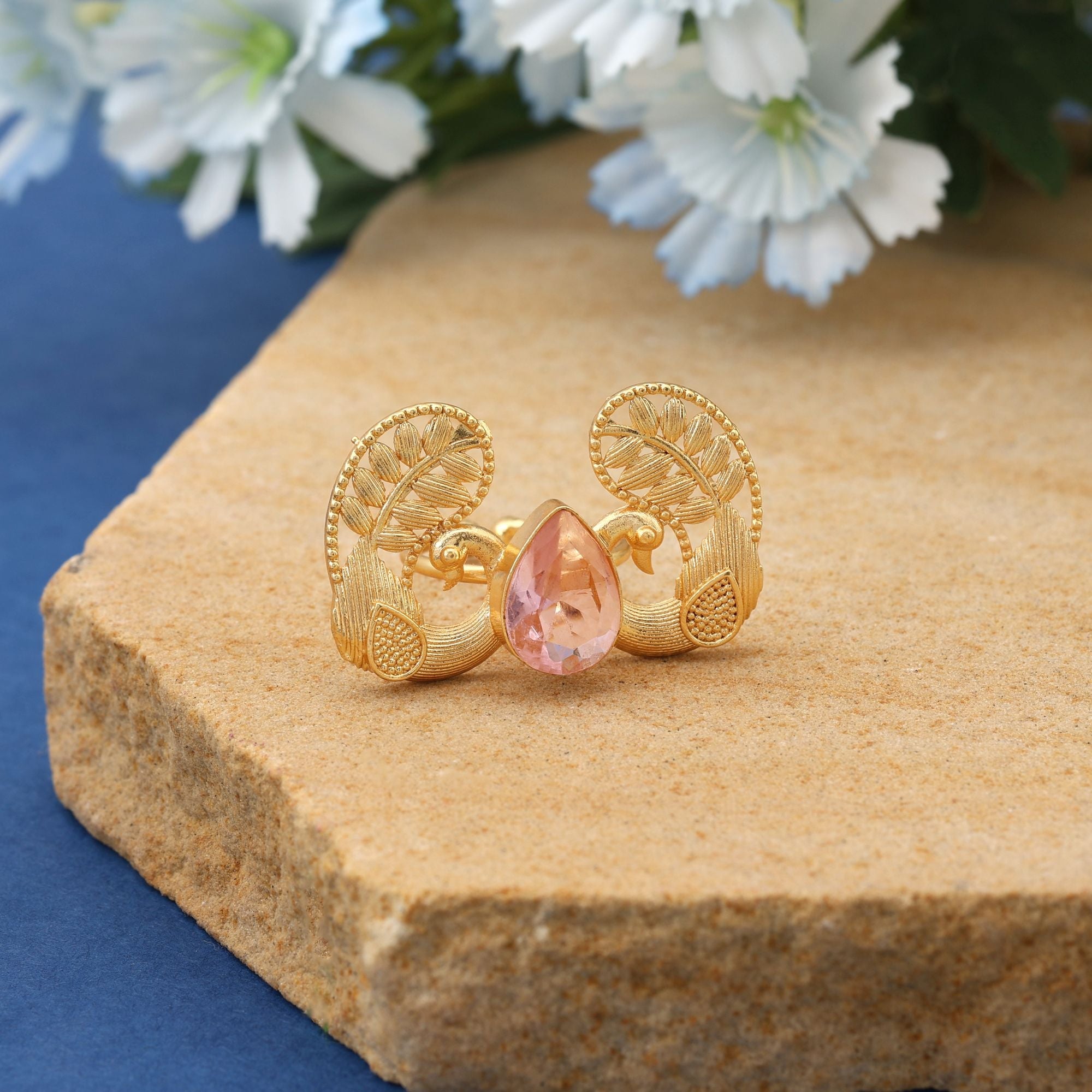 Pink Color Peacock Inspired Amrapali Rings Made For Vibrant Festive Styling With Elegant Artistry