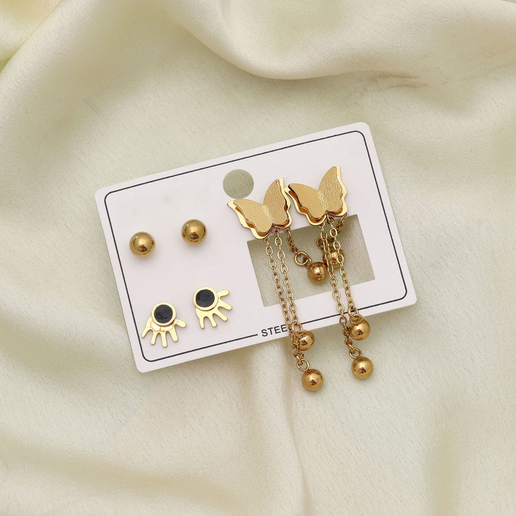 Gold Color 3 Pairs Combo Of Stainless Steel Antique Earrings Stylish Set