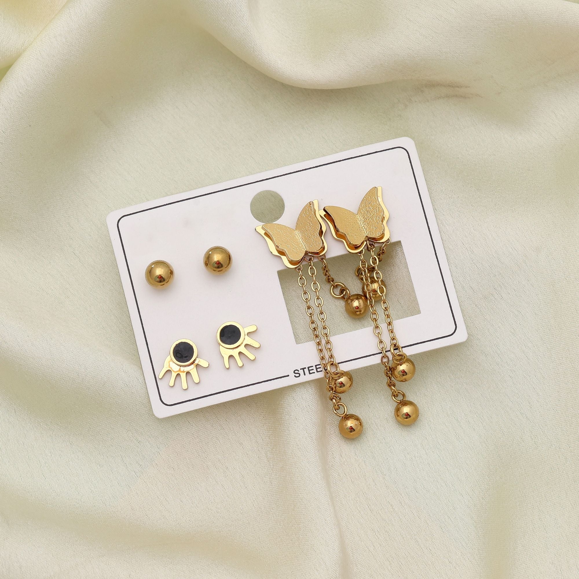 Gold Color 3 Pairs Combo Of Stainless Steel Antique Earrings Stylish Set