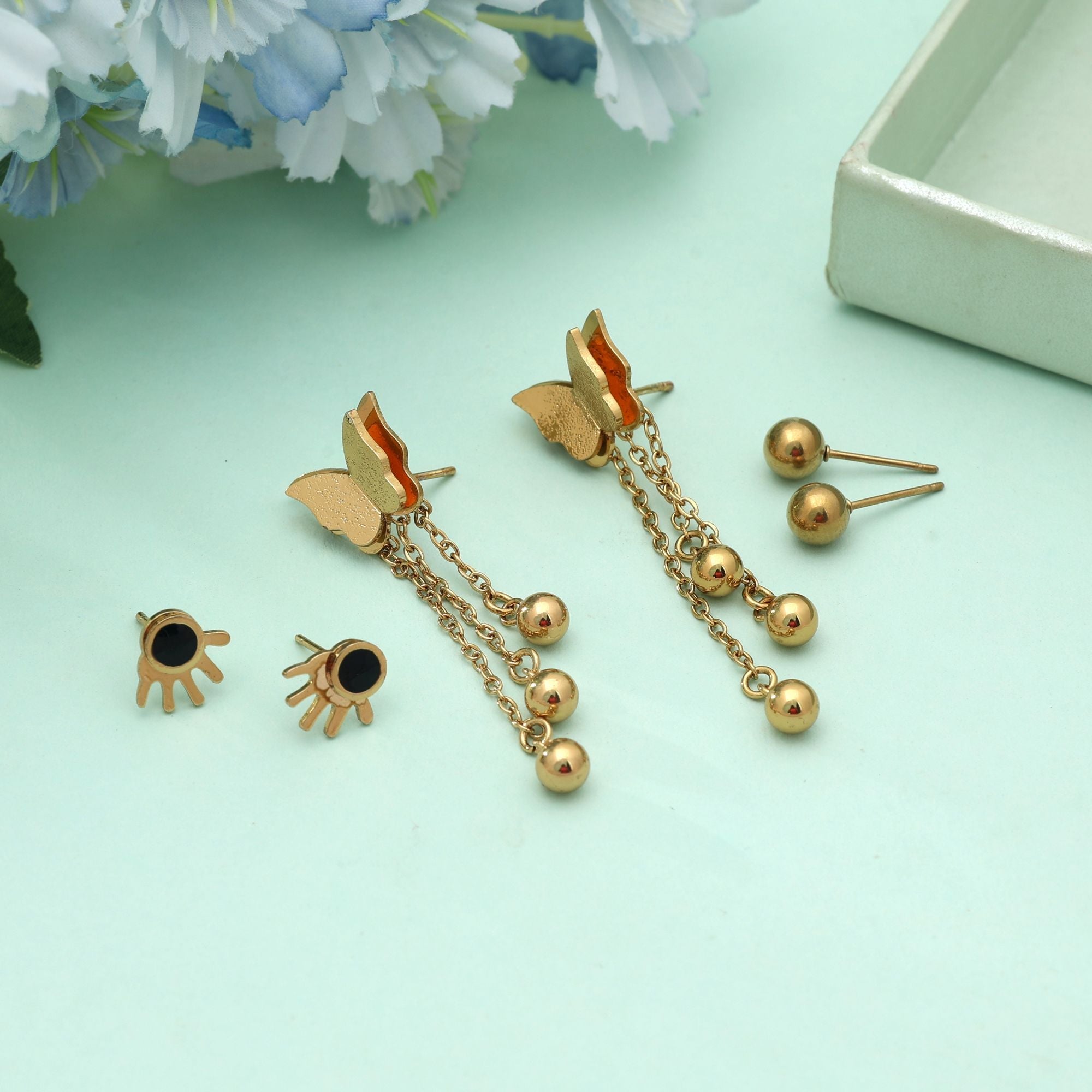 Gold Color 3 Pairs Combo Of Stainless Steel Antique Earrings Stylish Set