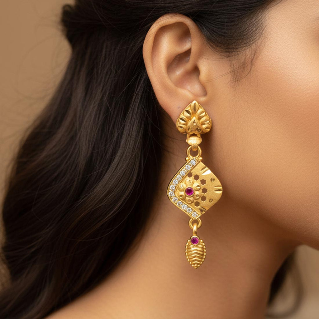 Gold Color Antique Earrings With Antique Polish For Elegant Ethnic Fashion