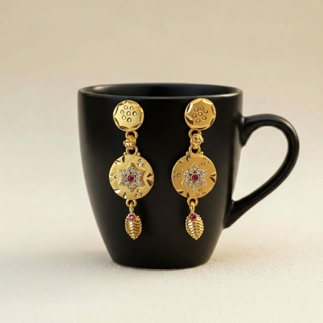 Gold Color Antique Earrings Designed With Royal Temple Style Artistic Influence