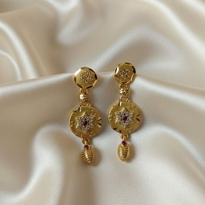 Gold Color Antique Earrings Designed With Royal Temple Style Artistic Influence