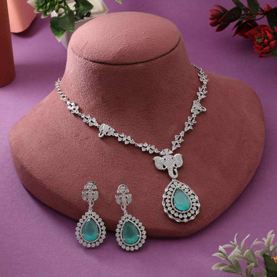 Pista Green Color Stunning American Diamond Necklace Set For Festive And Wedding Wear