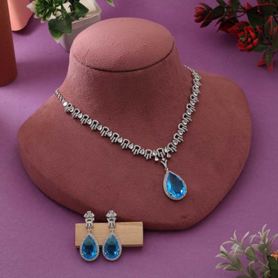 Firozi Color Beautiful Designer American Diamond Necklace Set For Festive And Cultural Events