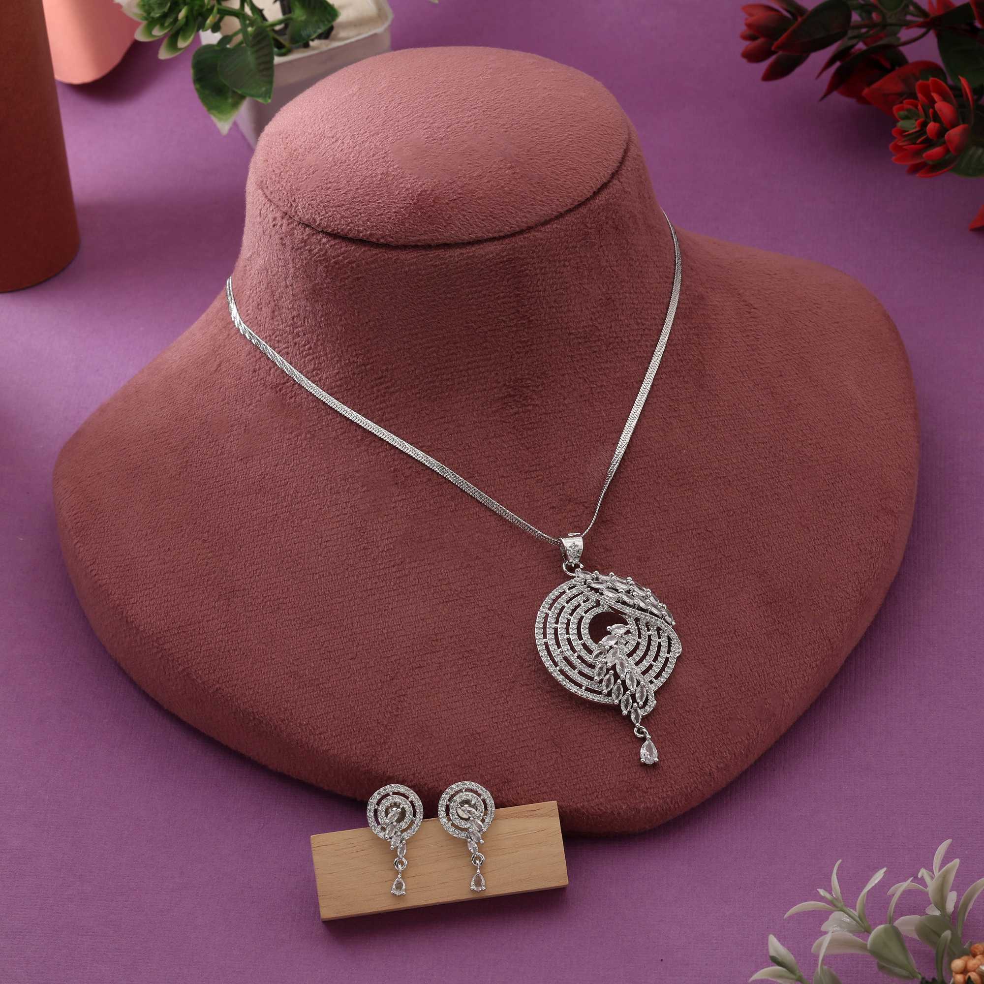 Silver Color Graceful Sparkling American Diamond Necklace Set For Brides And Occasions