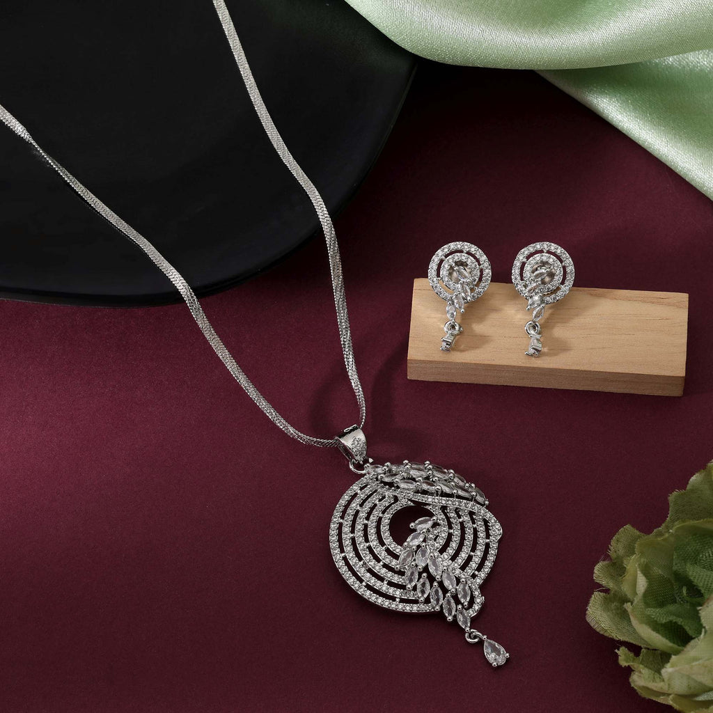 Silver Color Graceful Sparkling American Diamond Necklace Set For Brides And Occasions