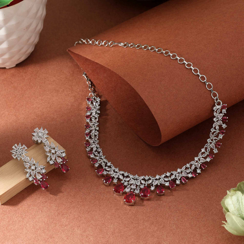 Ruby Color Premium Shine American Diamond Necklace Set For Wedding And Ethnic Attire