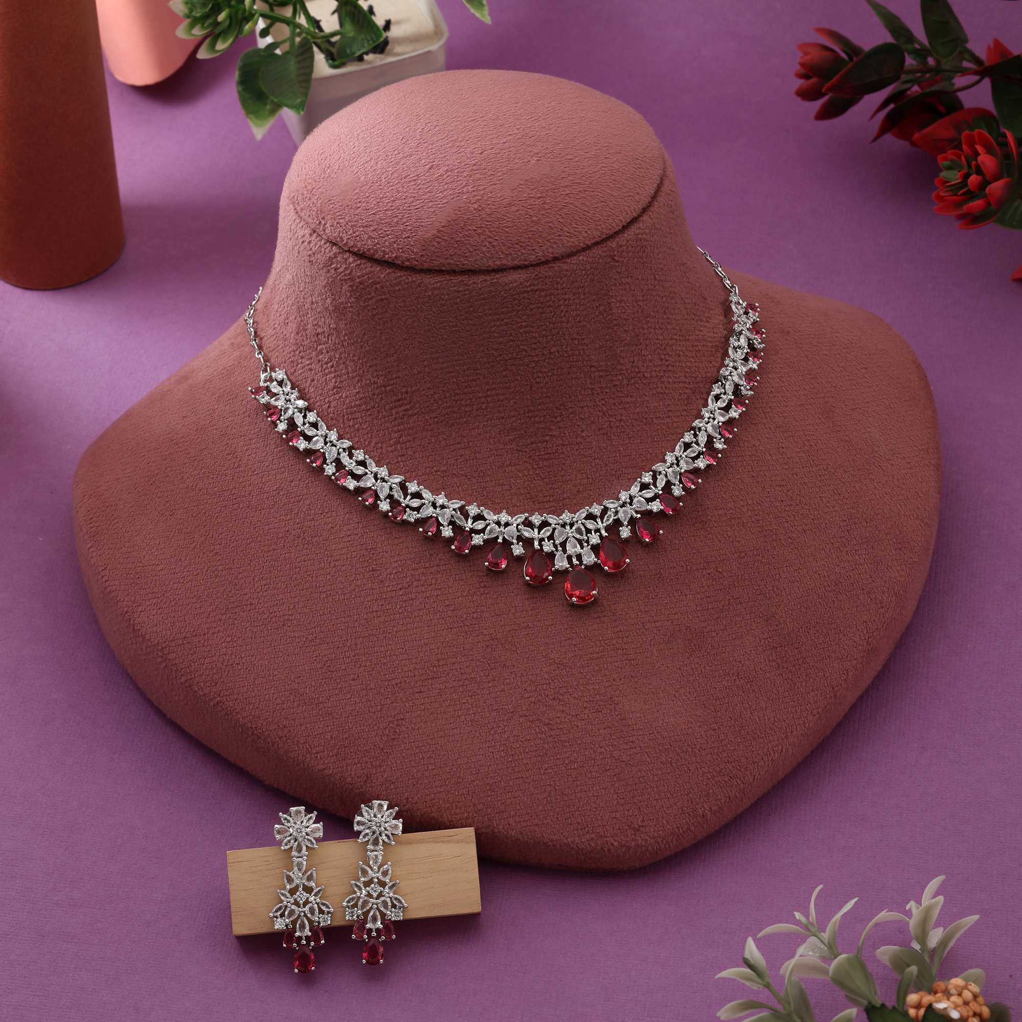 Ruby Color Premium Shine American Diamond Necklace Set For Wedding And Ethnic Attire