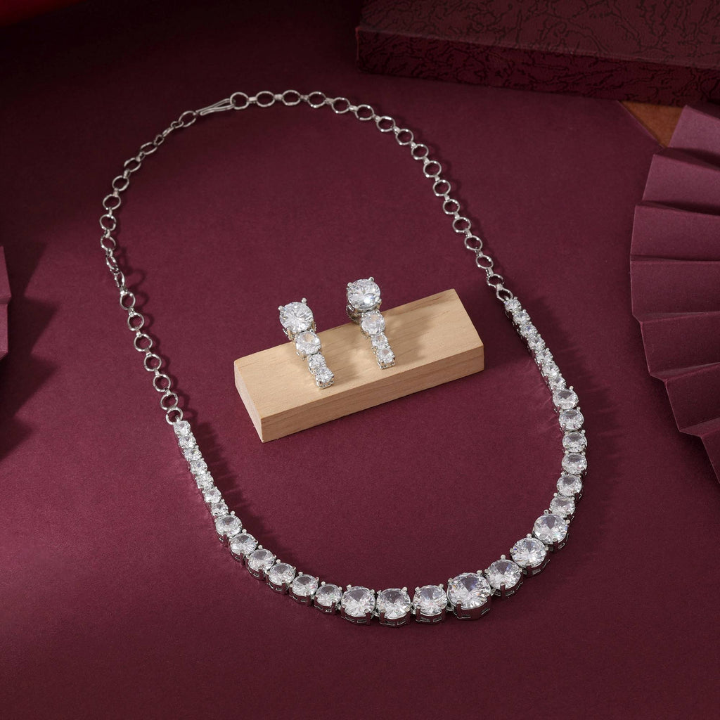 Silver Color Glamorous Stone Studded American Diamond Necklace Set For Party Occasions