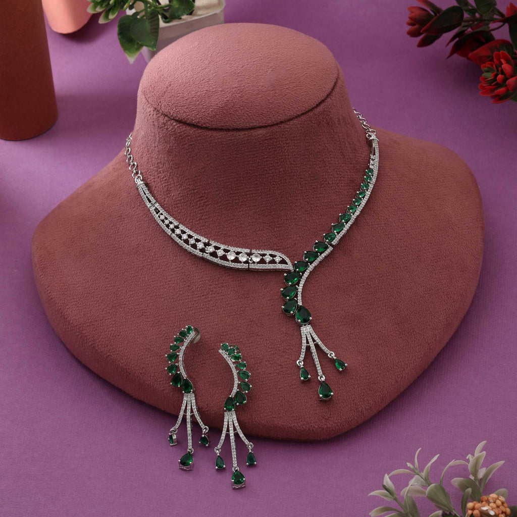 Green Color Elegant Bridal American Diamond Necklace Set For Women’S Festive Jewelry
