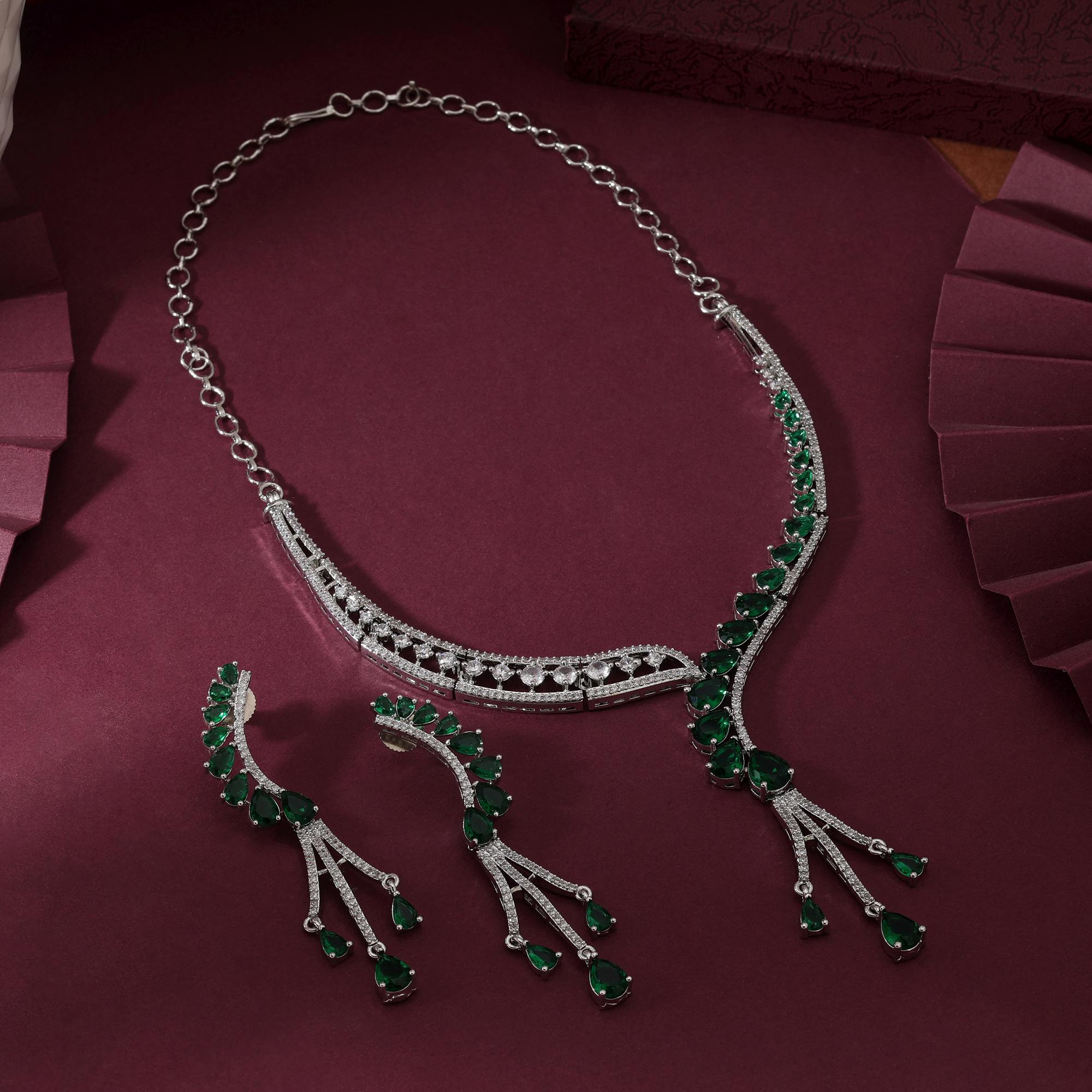Green Color Elegant Bridal American Diamond Necklace Set For Women’S Festive Jewelry