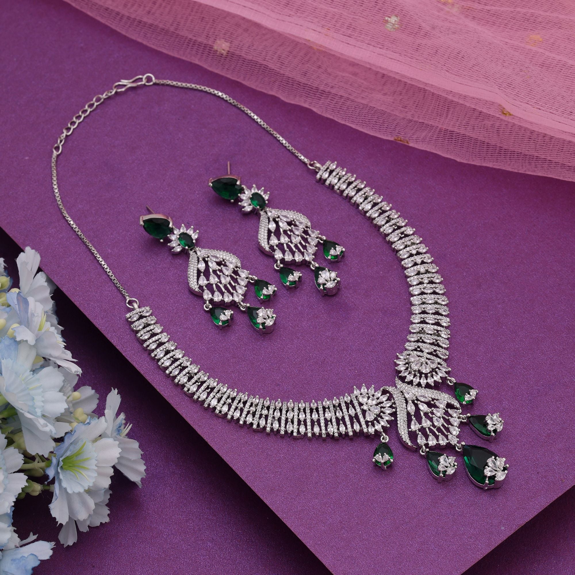 Green Color American Diamond Necklace Set for Traditional Festive Wear