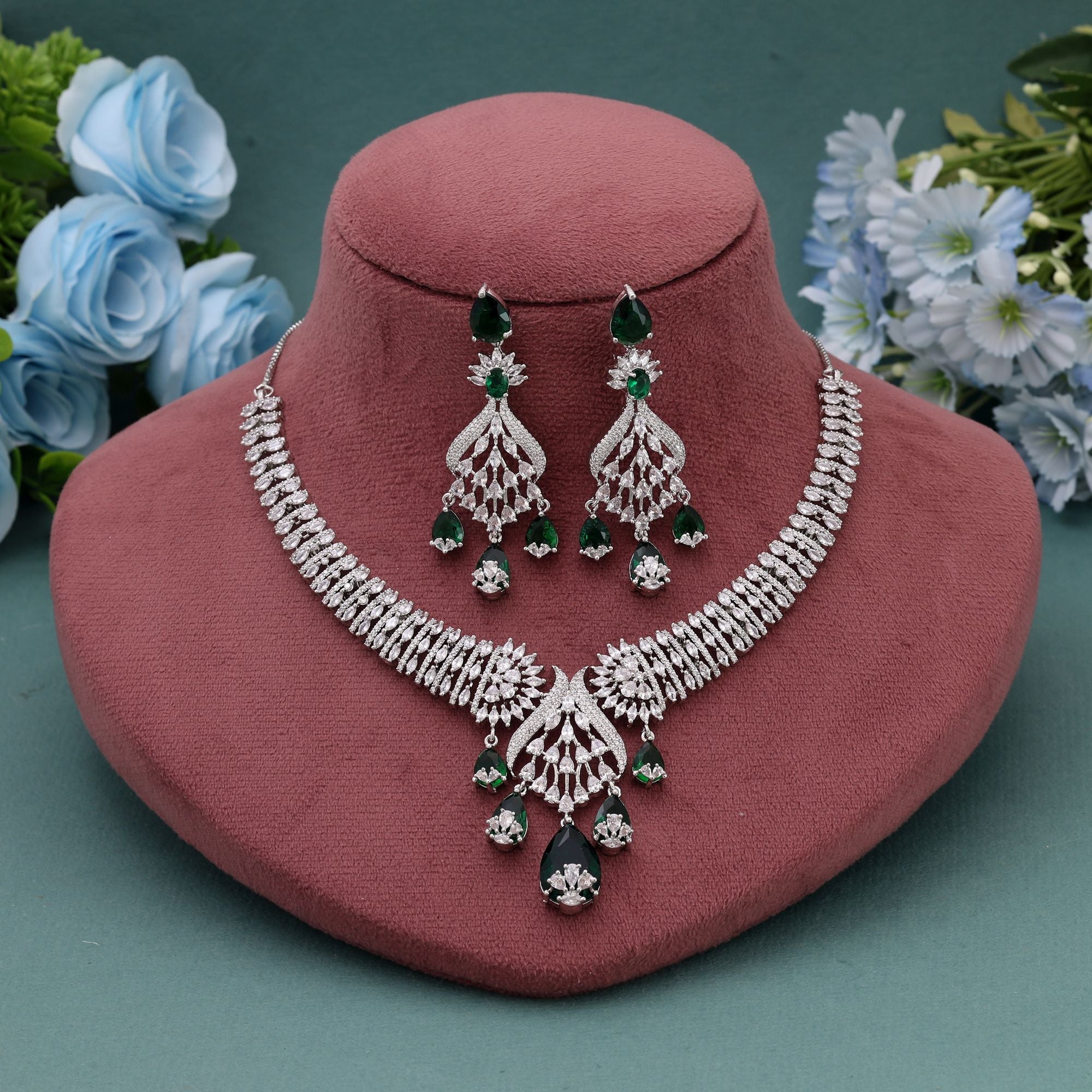 Green Color American Diamond Necklace Set for Traditional Festive Wear