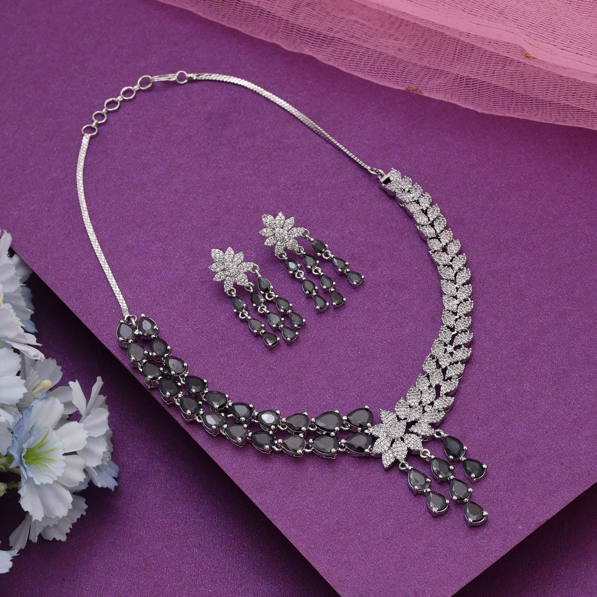 Black Color American Diamond Necklace Set for Modern Ethnic Looks