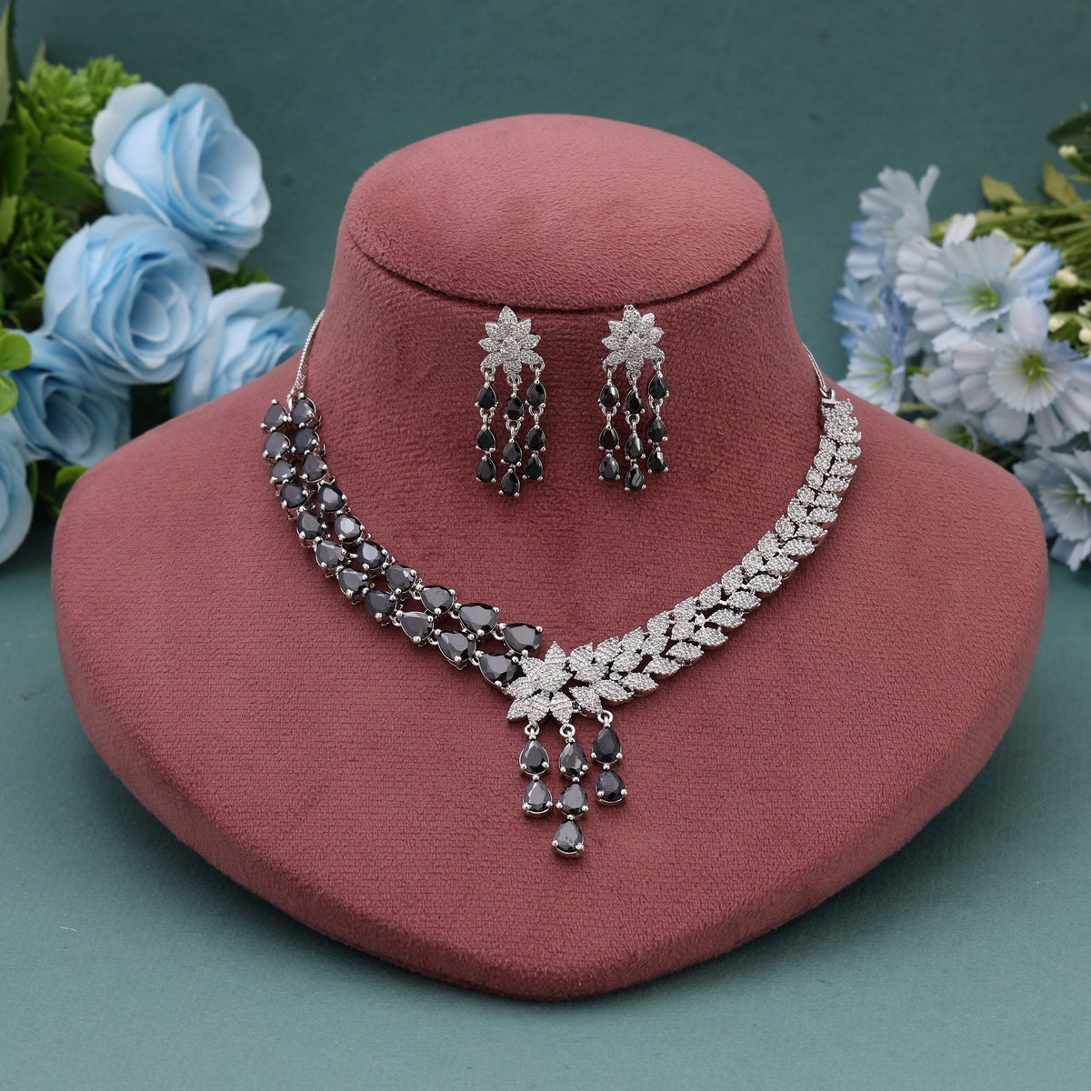 Black Color American Diamond Necklace Set for Modern Ethnic Looks