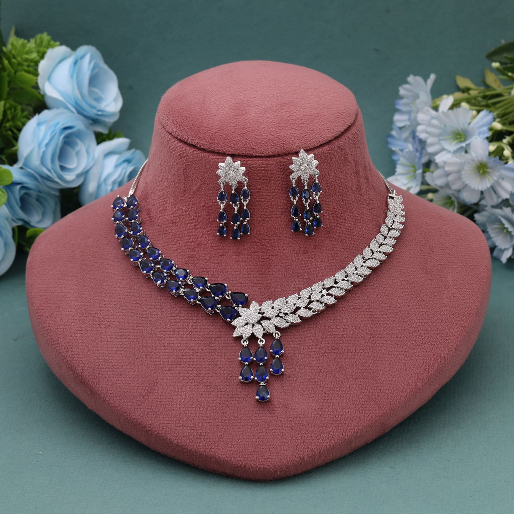 Blue Color American Diamond Necklace Set for Evening Party Wear