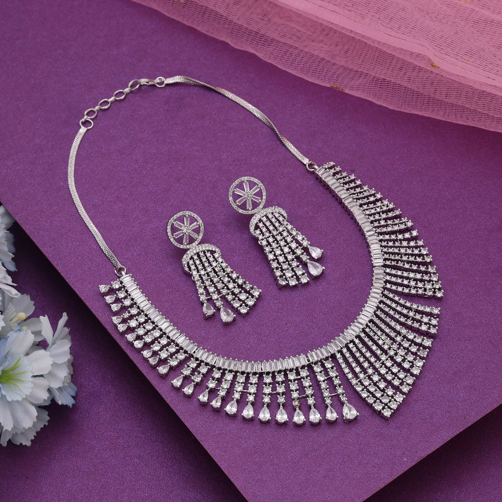 Silver Color American Diamond Necklace Set with Classic Luxury Design