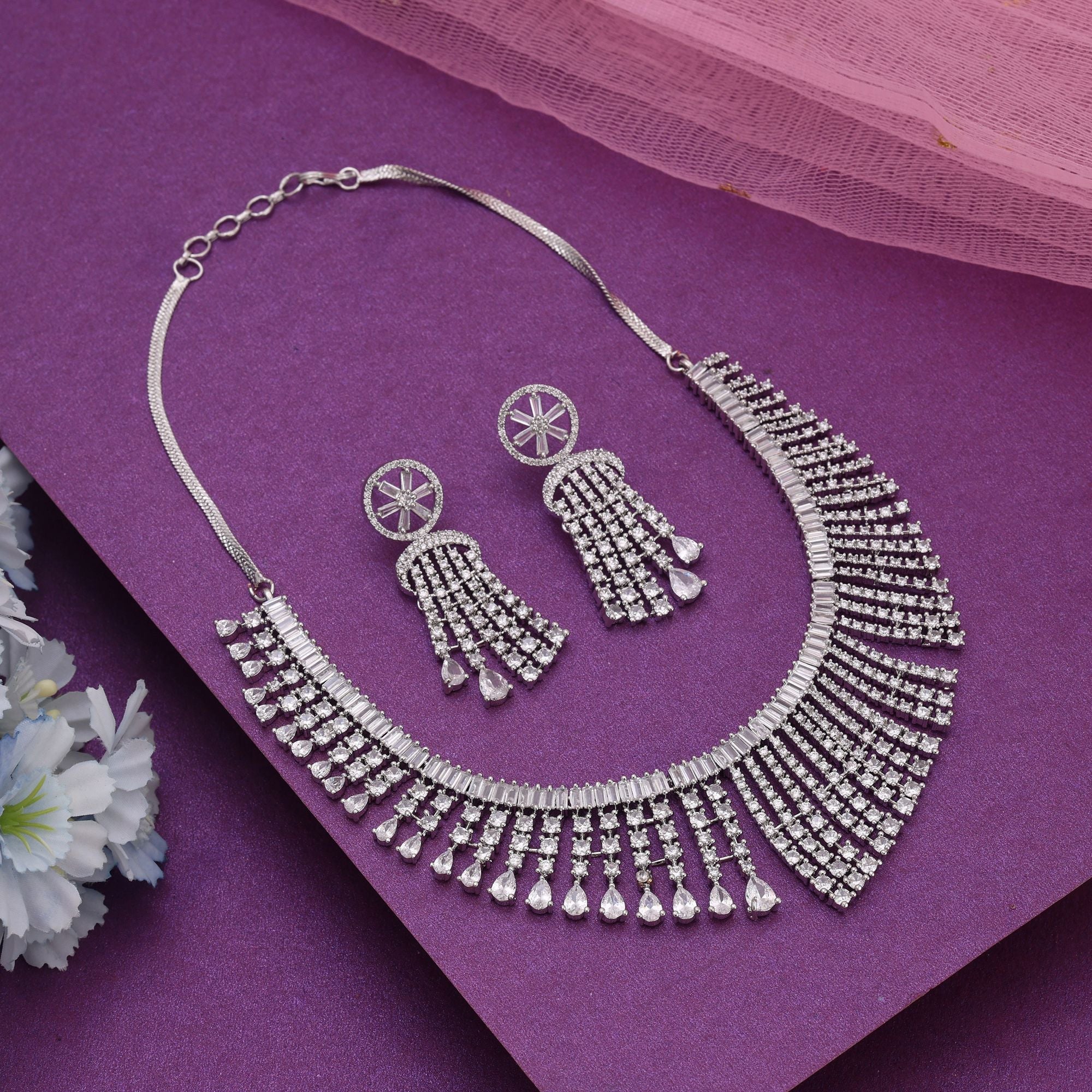 Silver Color American Diamond Necklace Set with Classic Luxury Design