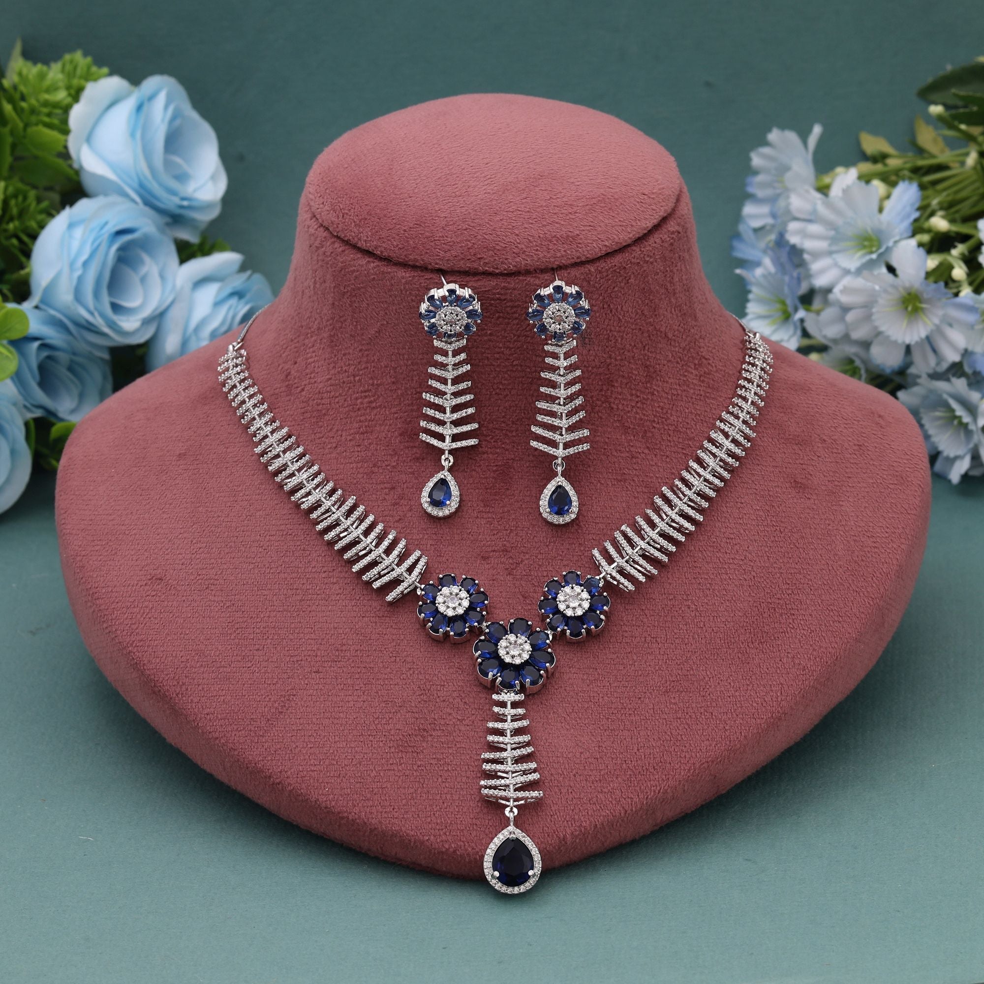 Blue Color American Diamond Necklace Set for Festive Party Styling