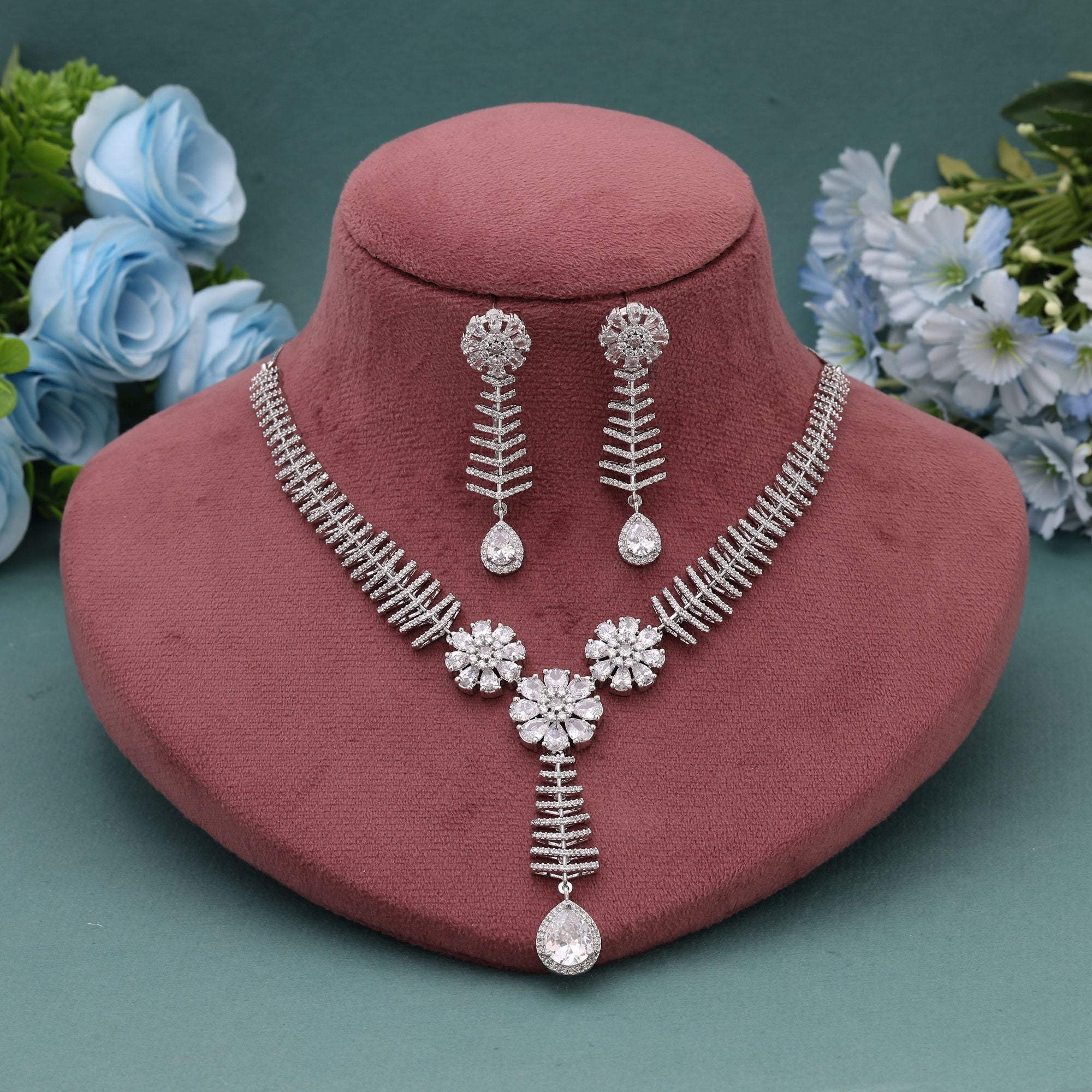 Silver Color American Diamond Necklace Set with Timeless Shine