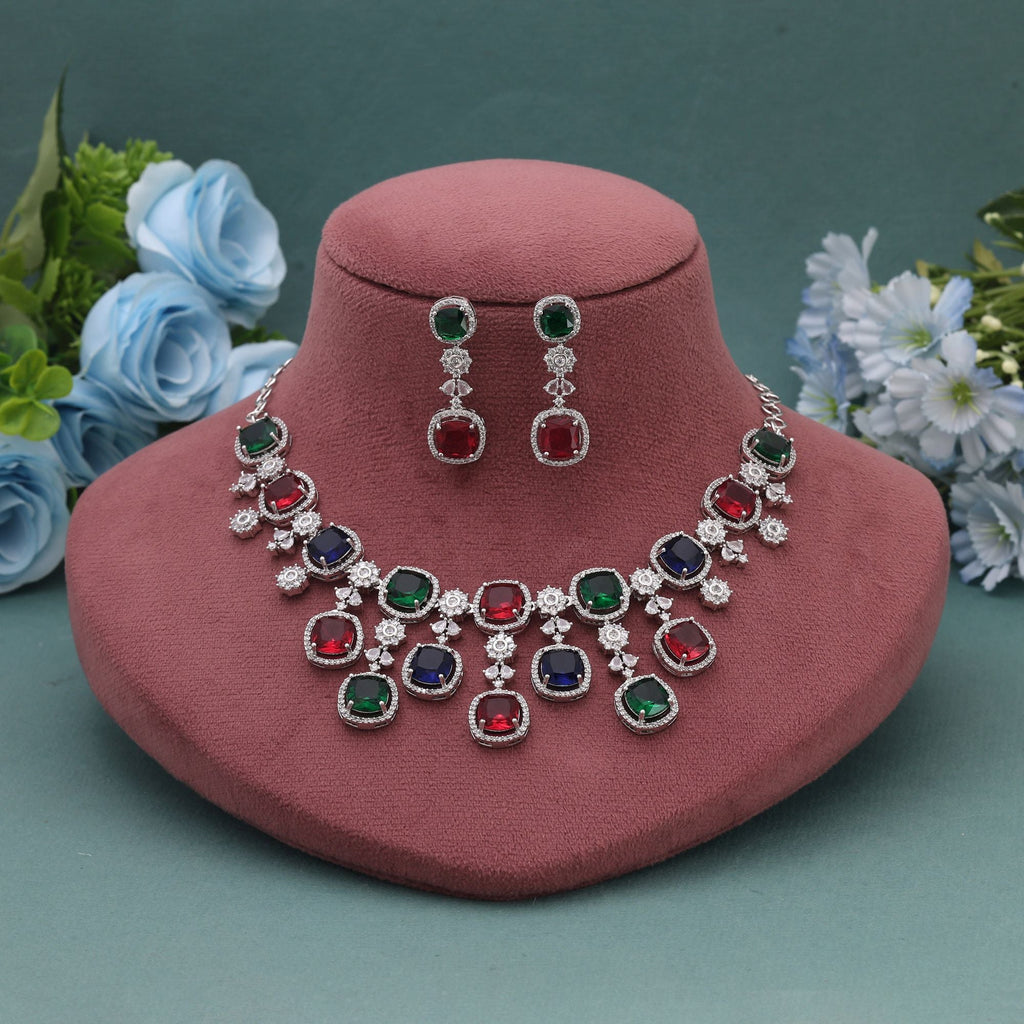 Multi Color American Diamond Necklace Set with Vibrant Stone Finish