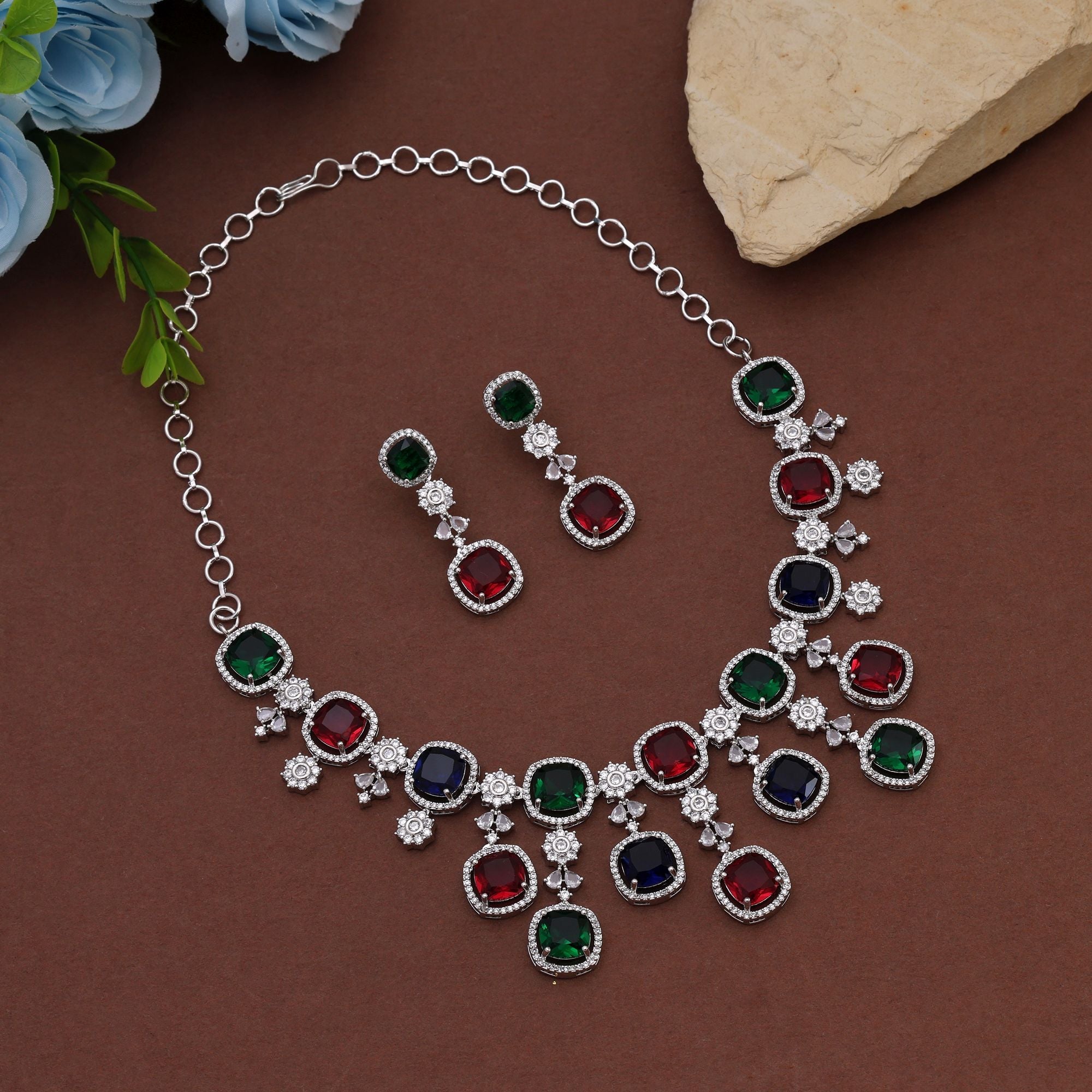 Multi Color American Diamond Necklace Set with Vibrant Stone Finish