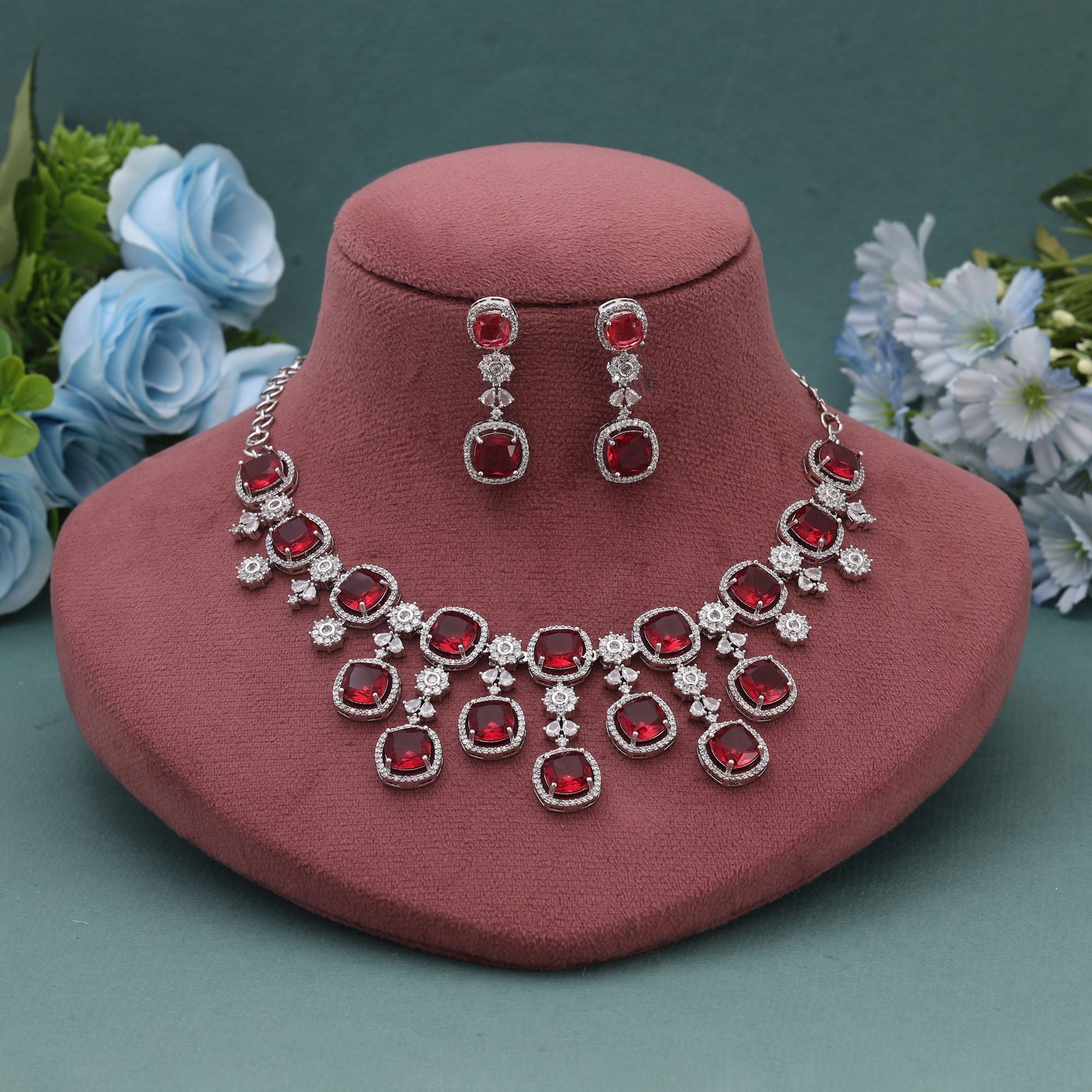 Rani Color American Diamond Necklace Set for Bridal Festive Wear