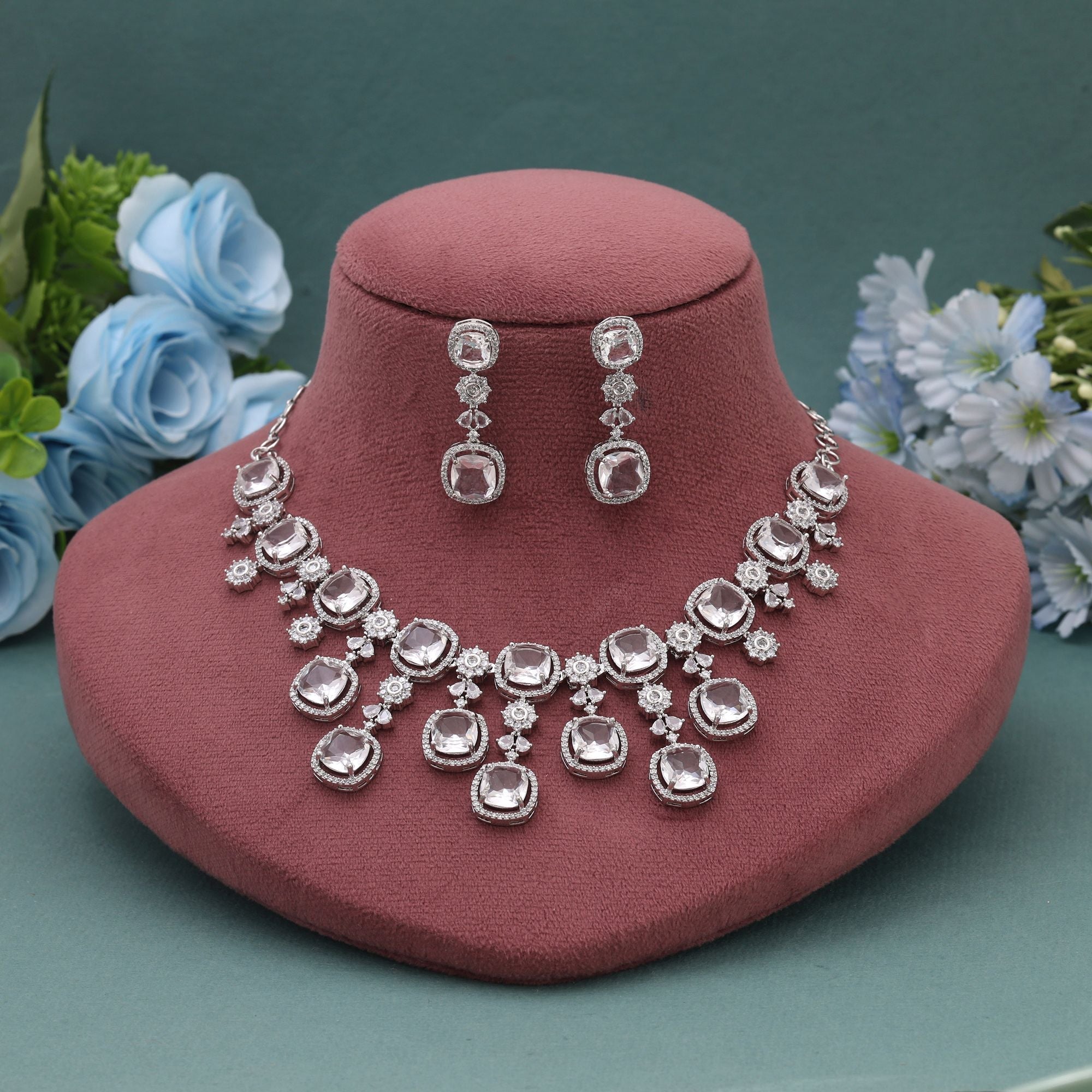 Silver Color American Diamond Necklace Set for Modern Traditional Style