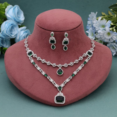 Green Color American Diamond Necklace Set with Sparkling Finish