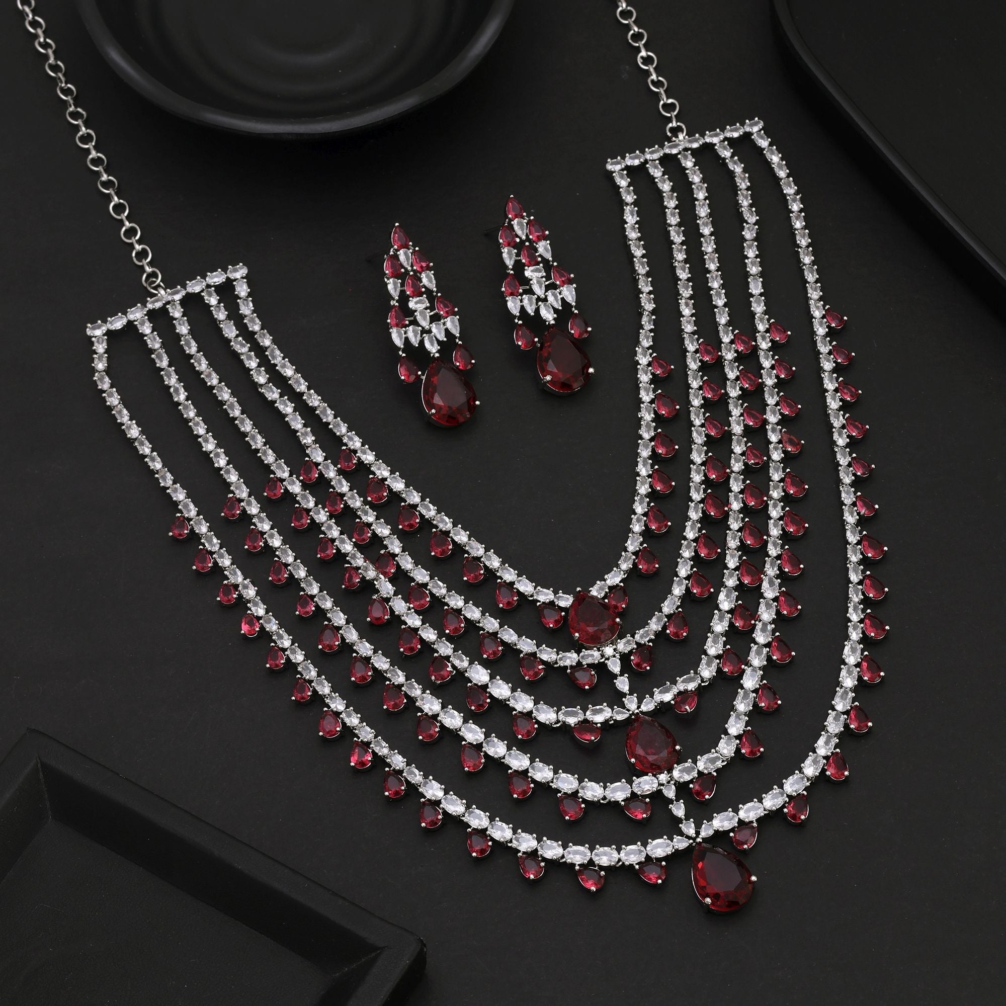 Rani Color American Diamond Necklace Set with Rich Diamond Shine