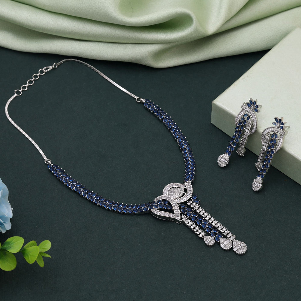 Blue Color American Diamond Necklace Set for Party Wear