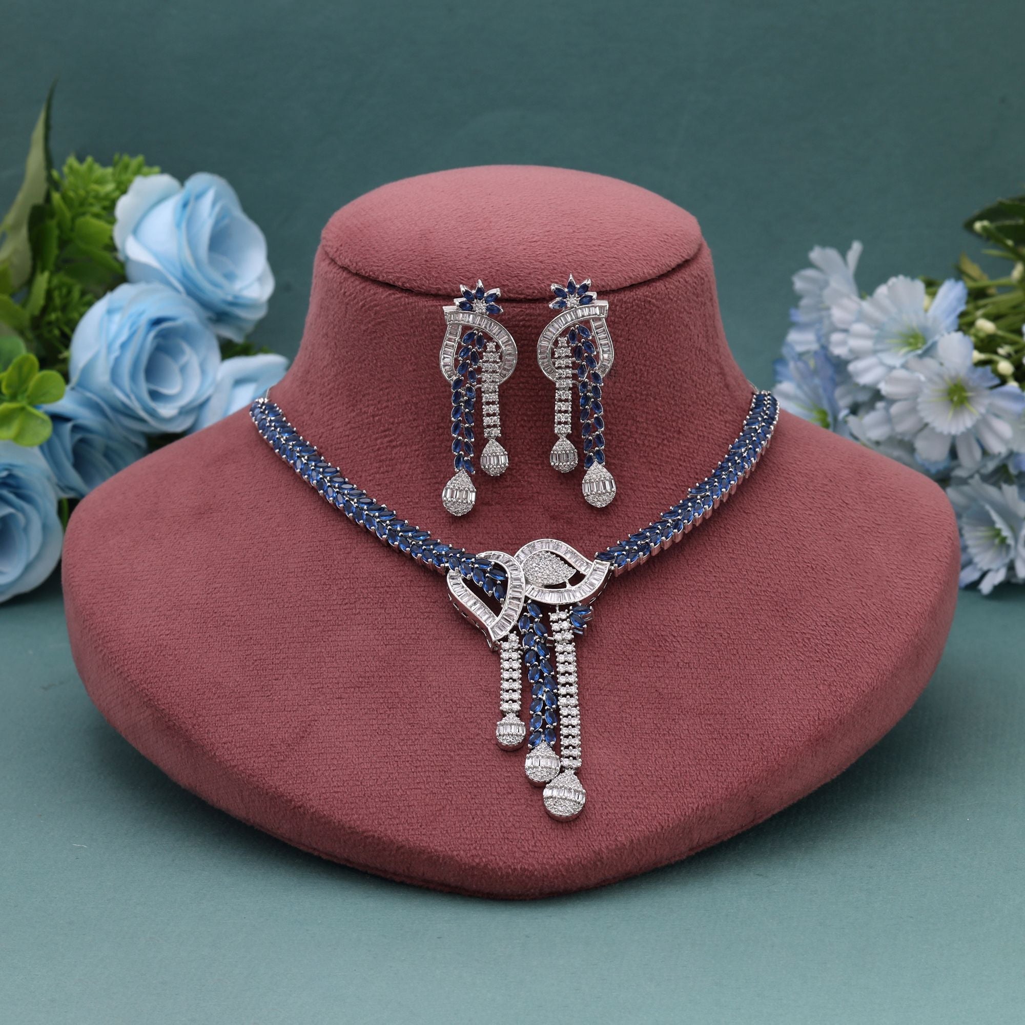 Blue Color American Diamond Necklace Set for Party Wear