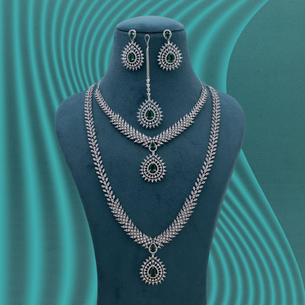 Green Color American Diamond Necklace Set with Traditional Design