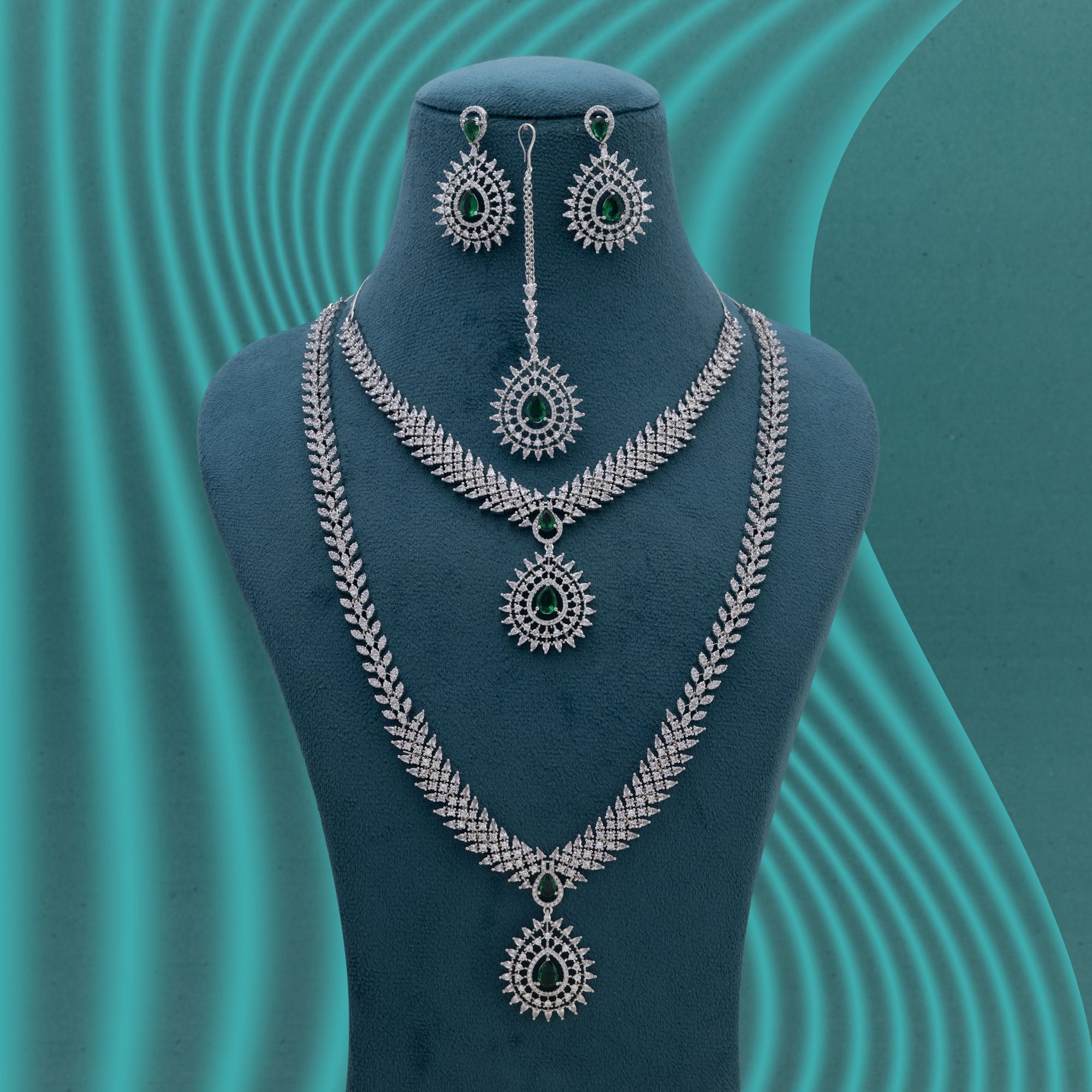 Green Color American Diamond Necklace Set with Traditional Design