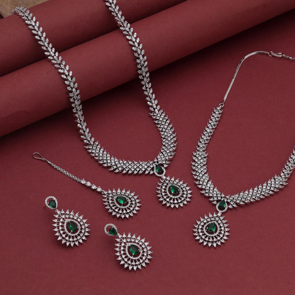 Green Color American Diamond Necklace Set with Traditional Design