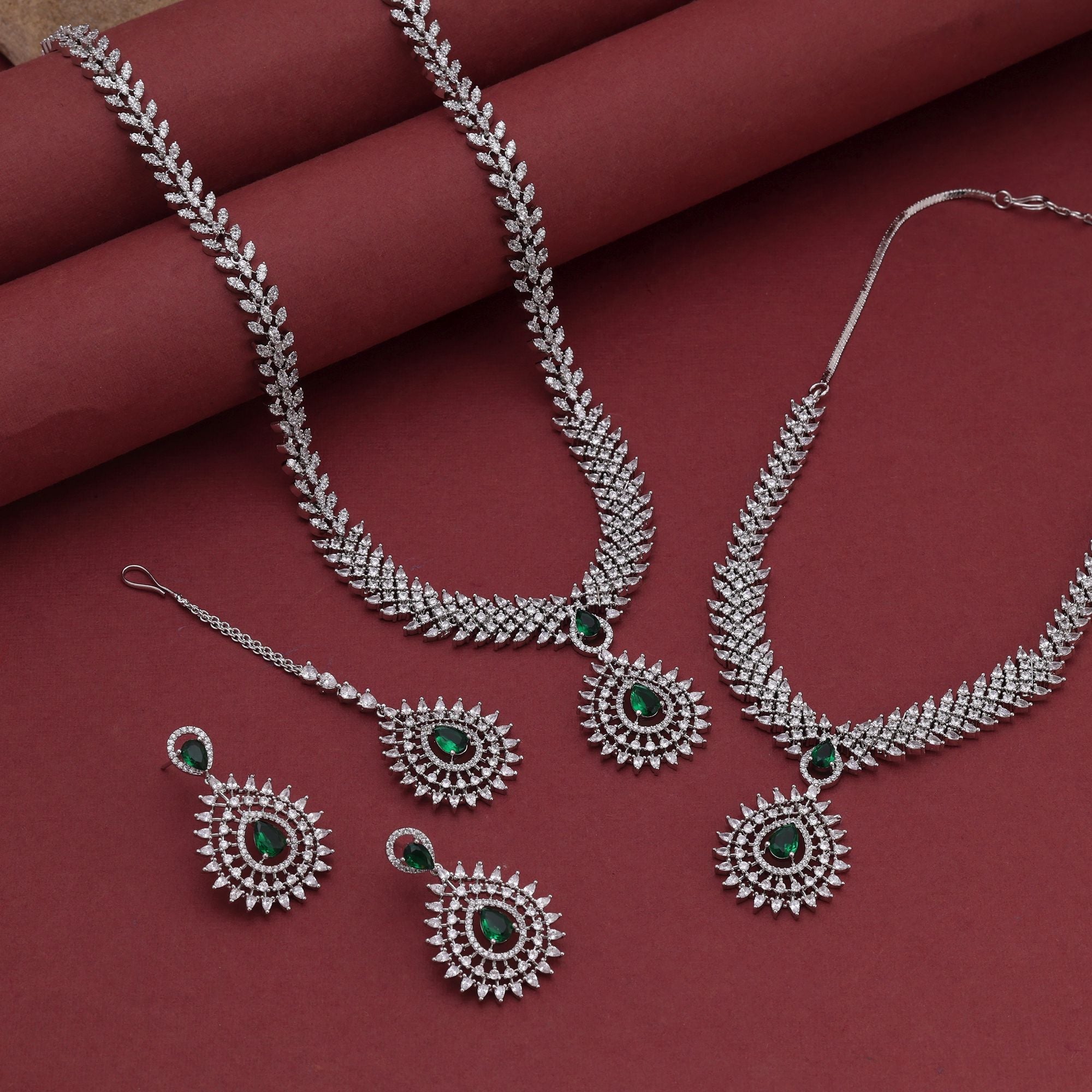 Green Color American Diamond Necklace Set with Traditional Design