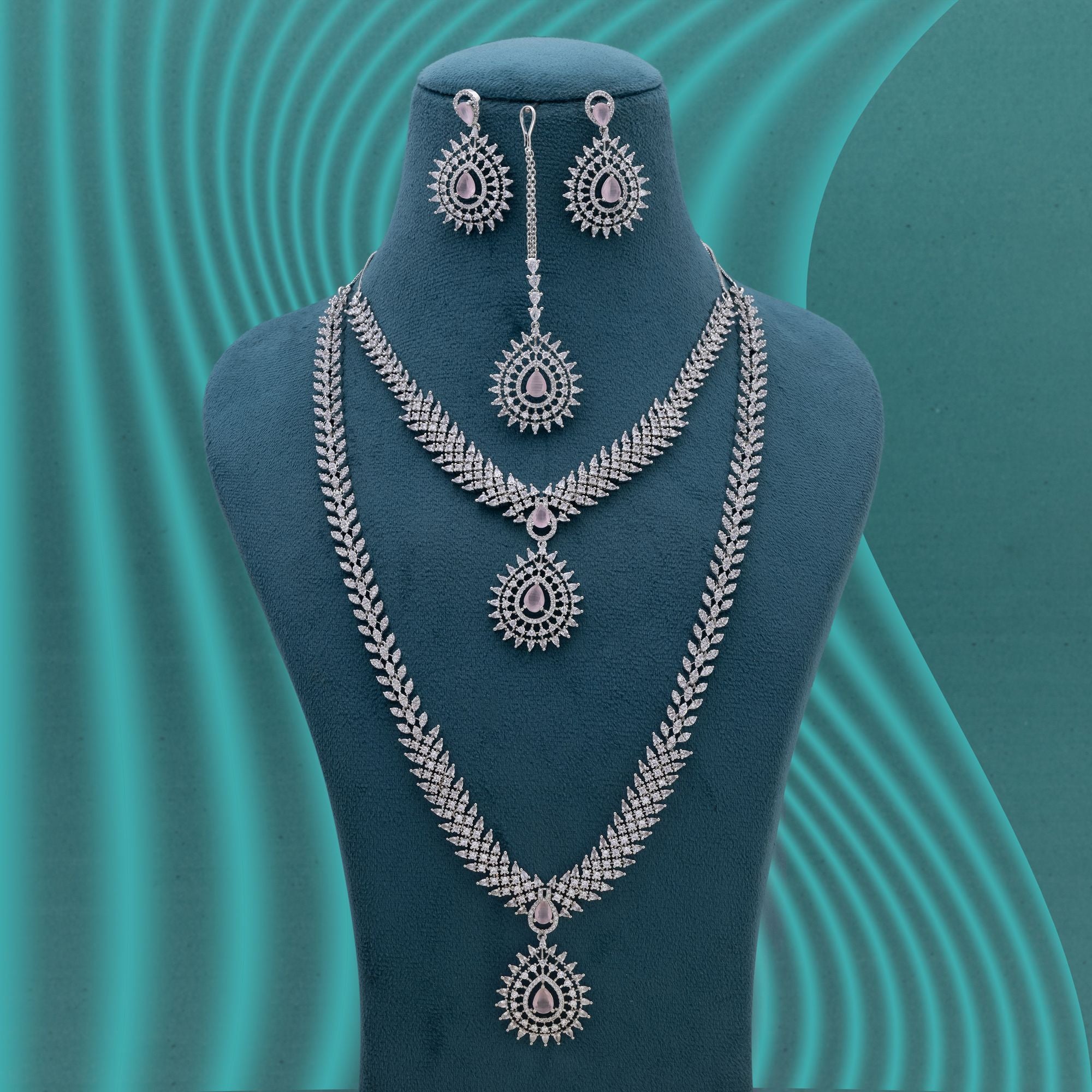 Pink Color American Diamond Necklace Set with Feminine Festive Charm