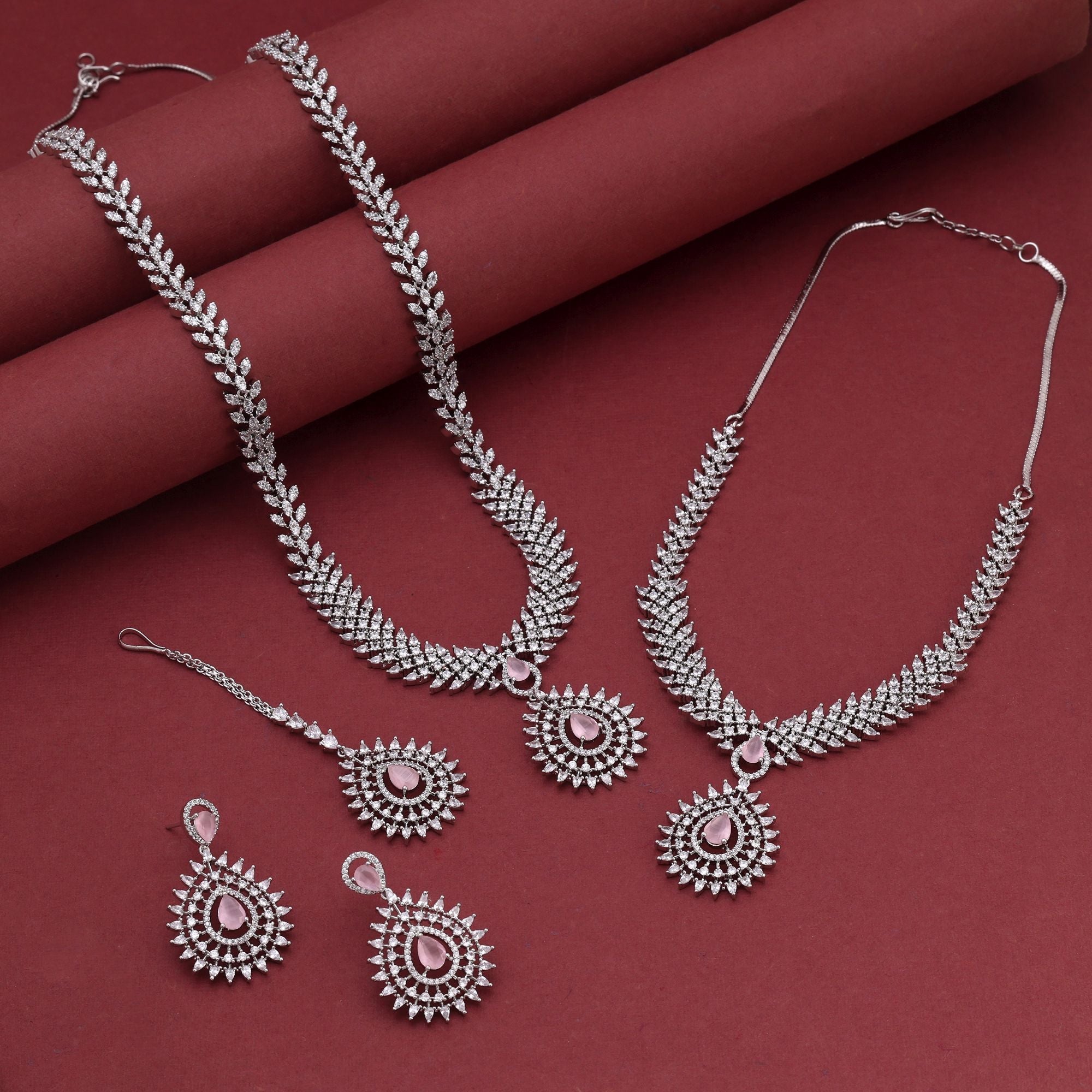 Pink Color American Diamond Necklace Set with Feminine Festive Charm